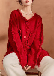 Natural Red Pockets Patchwork Button Cotton Knit Coats Fall