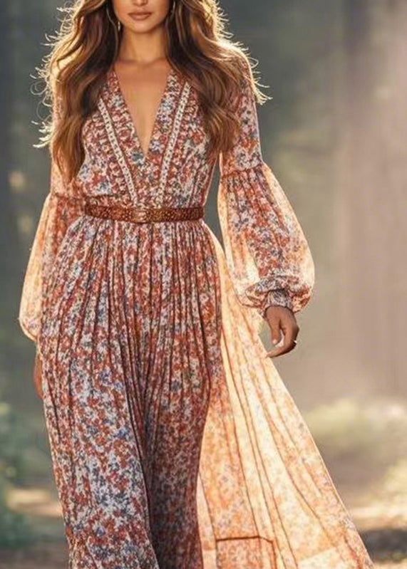 Natural Red Print Wrinkled Chiffon Maxi Dresses Spring