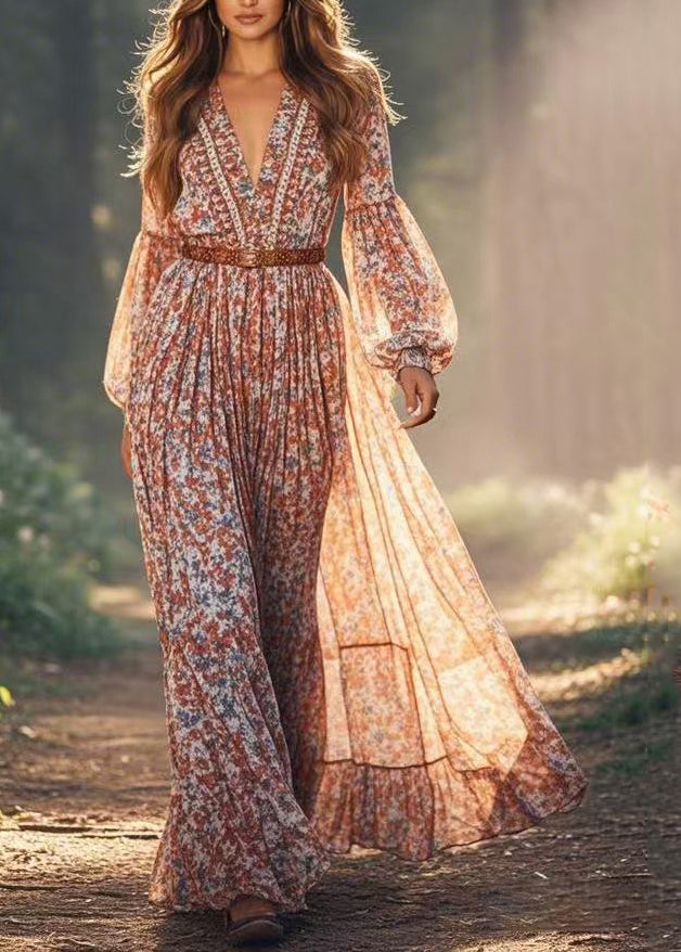 Natural Red Print Wrinkled Chiffon Maxi Dresses Spring