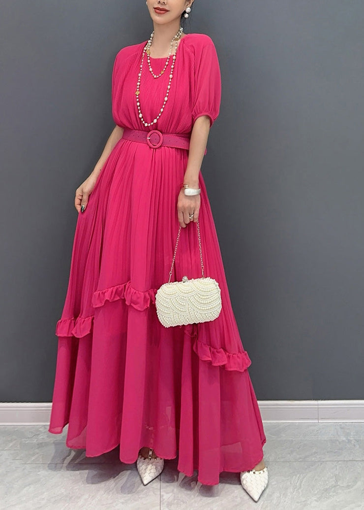 Natural Red Ruffled Patchwork Sashes Chiffon Long Dress Summer