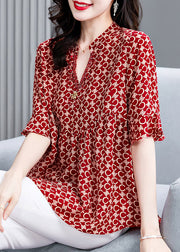 Natural Red V Neck Print Shirt Half Sleeve