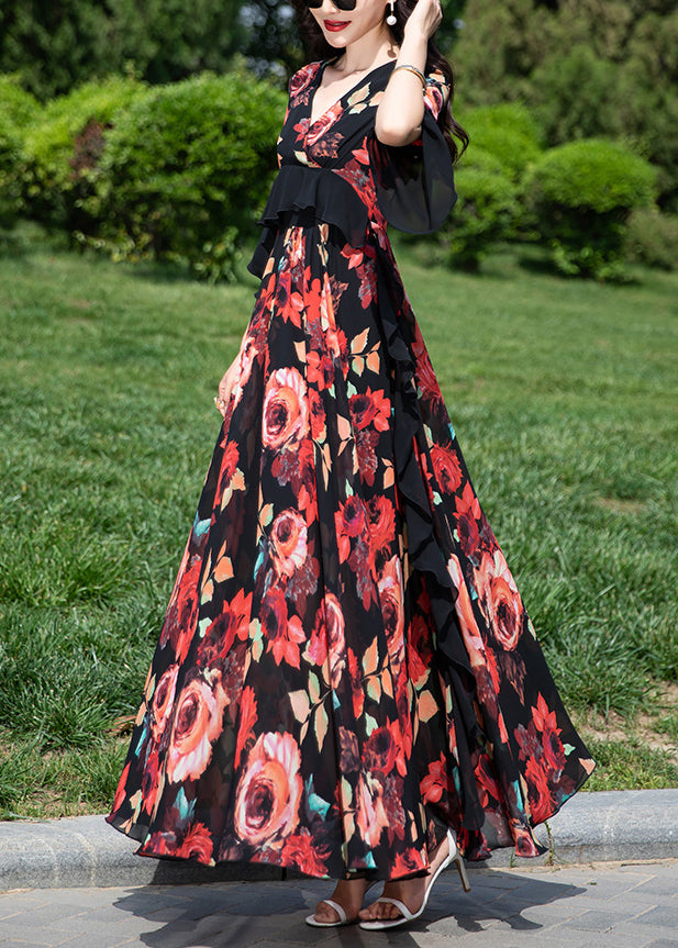 Natural Red V Neck Ruffled Print Chiffon Vacation Dresses Summer