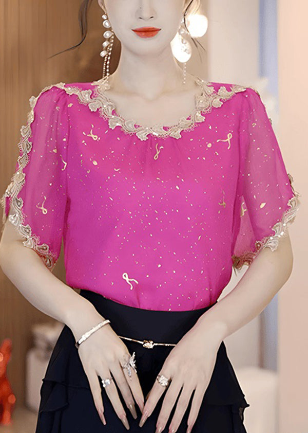 Natural Rose O Neck Sequins Patchwork Chiffon Blouse Tops Summer
