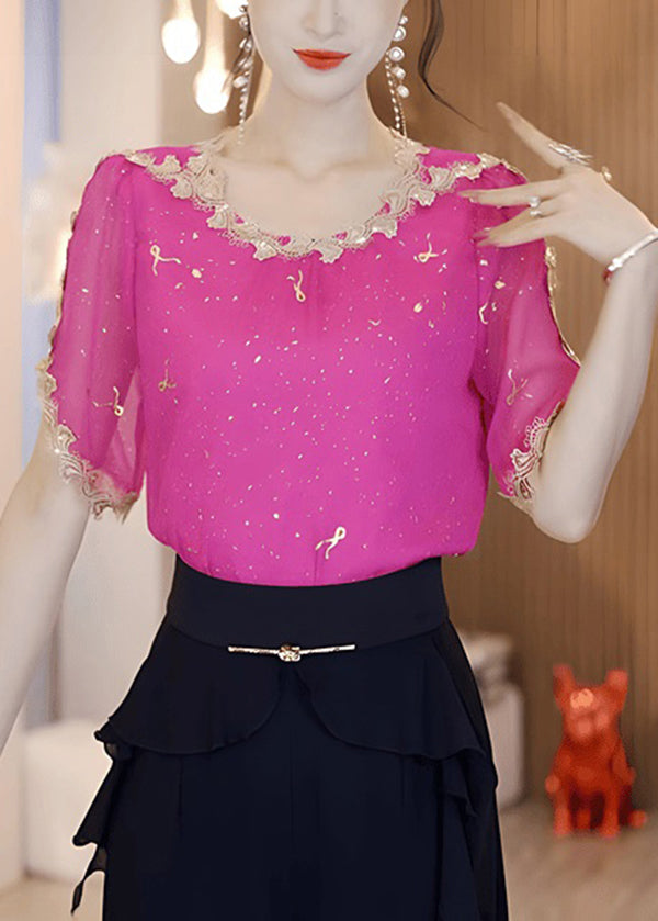 Natural Rose O Neck Sequins Patchwork Chiffon Blouse Tops Summer