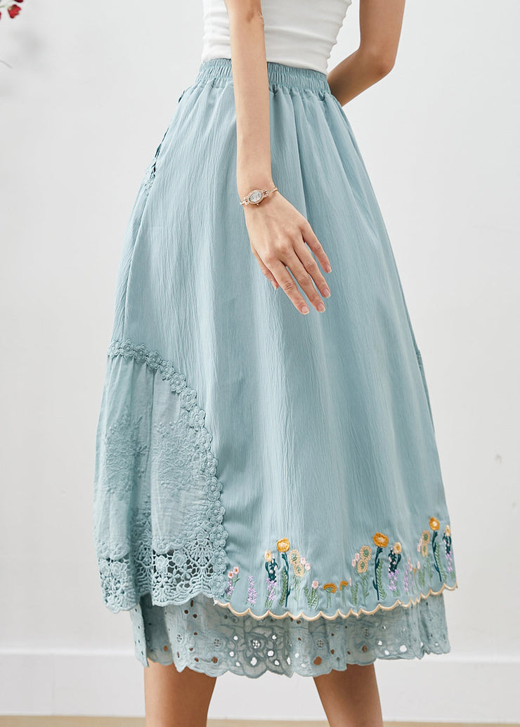 Natural Sky Blue Embroidered Patchwork Cotton Skirt Fall