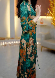 Natural Stand Collar Print High Waist Silk Long Dress Fall