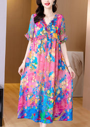 Natural V Neck Ruffled Print Silk Holiday Maxi Dress Short Sleeve