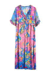 Natural V Neck Ruffled Print Silk Holiday Maxi Dress Short Sleeve