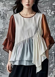 Natural White Asymmetrical Patchwork Wrinkled Cotton Shirt Summer