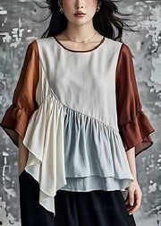 Natural White Asymmetrical Patchwork Wrinkled Cotton Shirt Summer
