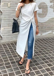 Natural White Asymmetrical Side Open Wrinkled Cotton Long Tops Summer