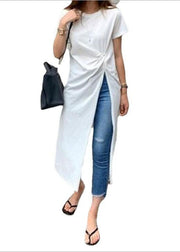 Natural White Asymmetrical Side Open Wrinkled Cotton Long Tops Summer