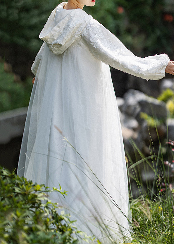 Natural White Embroidered Patchwork Tulle Hooded Trench Fall