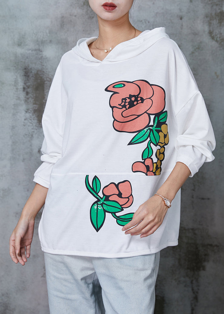 Natural White Hooded Floral Cotton Pullover Streetwear Spring