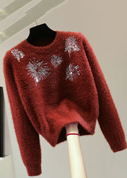 Natural White O-Neck Sequins Thick Cotton Knit Sweater Winter