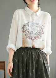 Natural White Peter Pan Collar Button Ramie Tops Spring