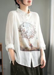 Natural White Peter Pan Collar Button Ramie Tops Spring