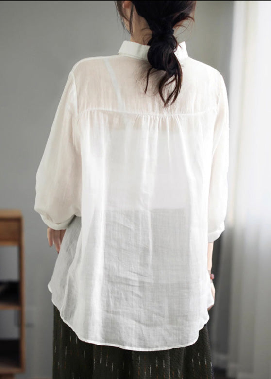 Natural White Peter Pan Collar Button Ramie Tops Spring