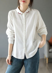 Natural White Peter Pan Collar Embroideried Cotton Shirt Tops Long Sleeve