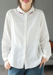 Natural White Peter Pan Collar Embroideried Cotton Shirt Tops Long Sleeve