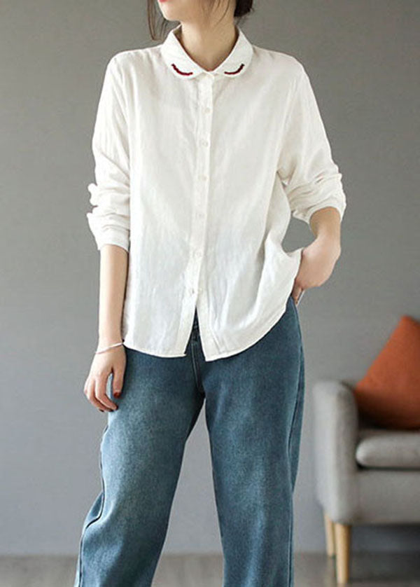 Natural White Peter Pan Collar Embroideried Cotton Shirt Tops Long Sleeve