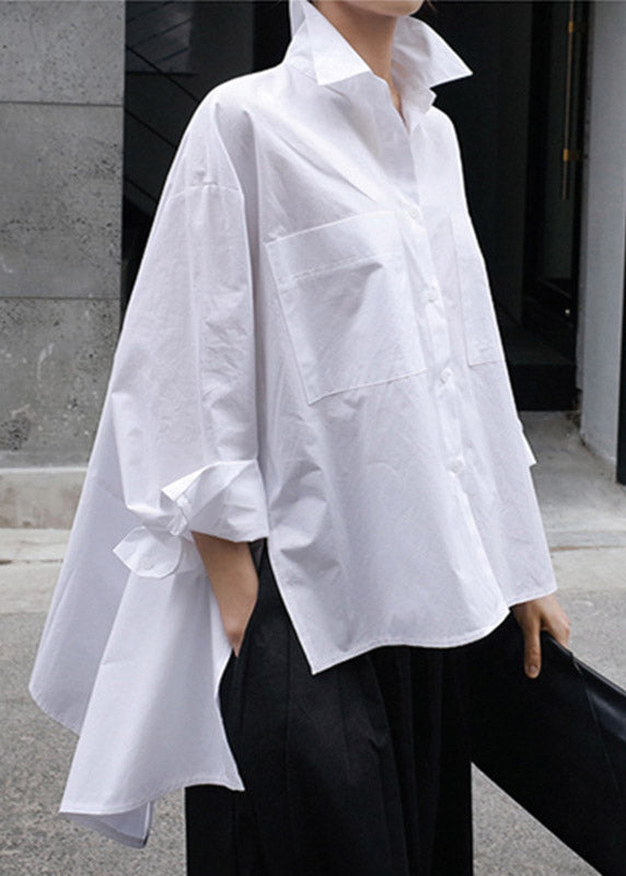 Natural White Dandelion Peter Pan Collar Low High Design Button Pockets Cotton Shirts Long Sleeve