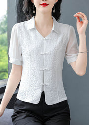 Natural White Peter Pan Collar Patchwork Chiffon Tops Summer