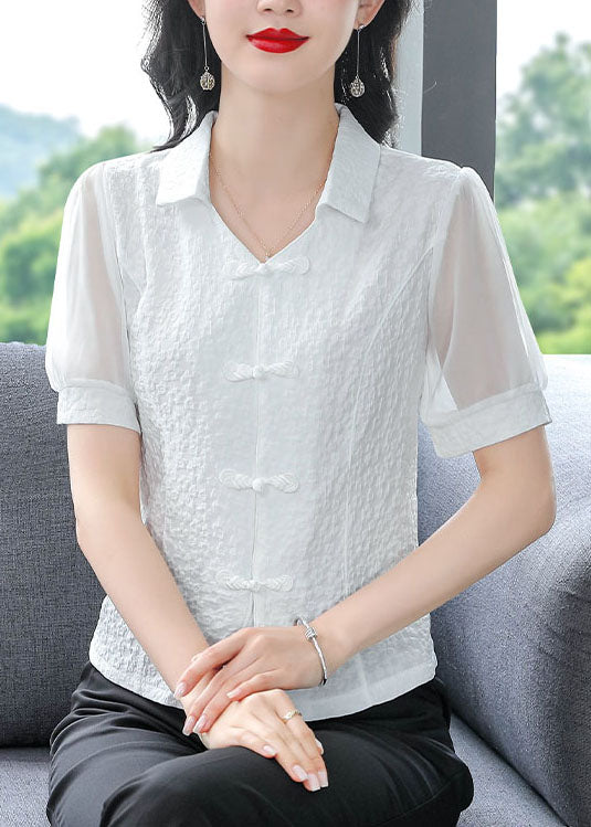 Natural White Peter Pan Collar Patchwork Chiffon Tops Summer