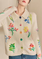 Natural White Peter Pan Collar Pockets Print Cotton Knit Cardigans Spring