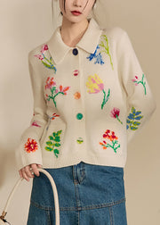 Natural White Peter Pan Collar Pockets Print Cotton Knit Cardigans Spring