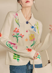 Natural White Peter Pan Collar Pockets Print Cotton Knit Cardigans Spring