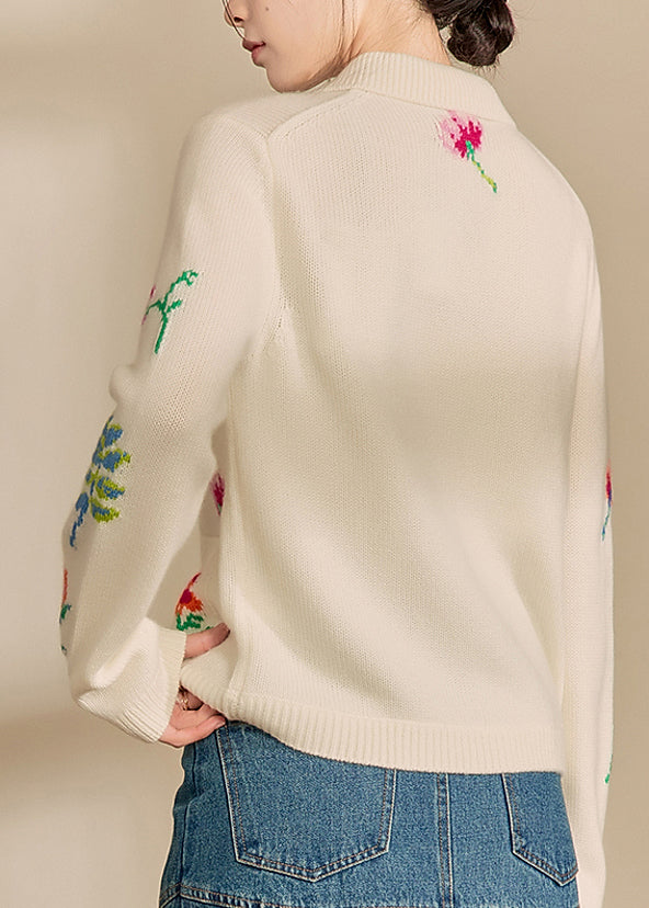 Natural White Peter Pan Collar Pockets Print Cotton Knit Cardigans Spring