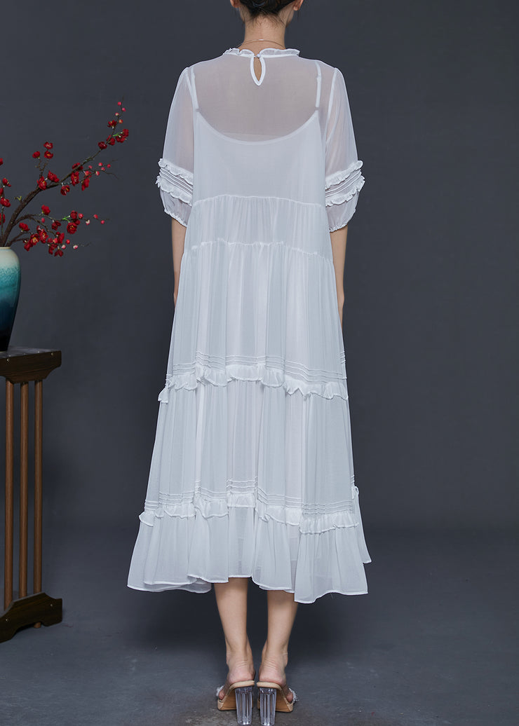 Natural White Ruffled Chiffon A L ine Dresses Summer