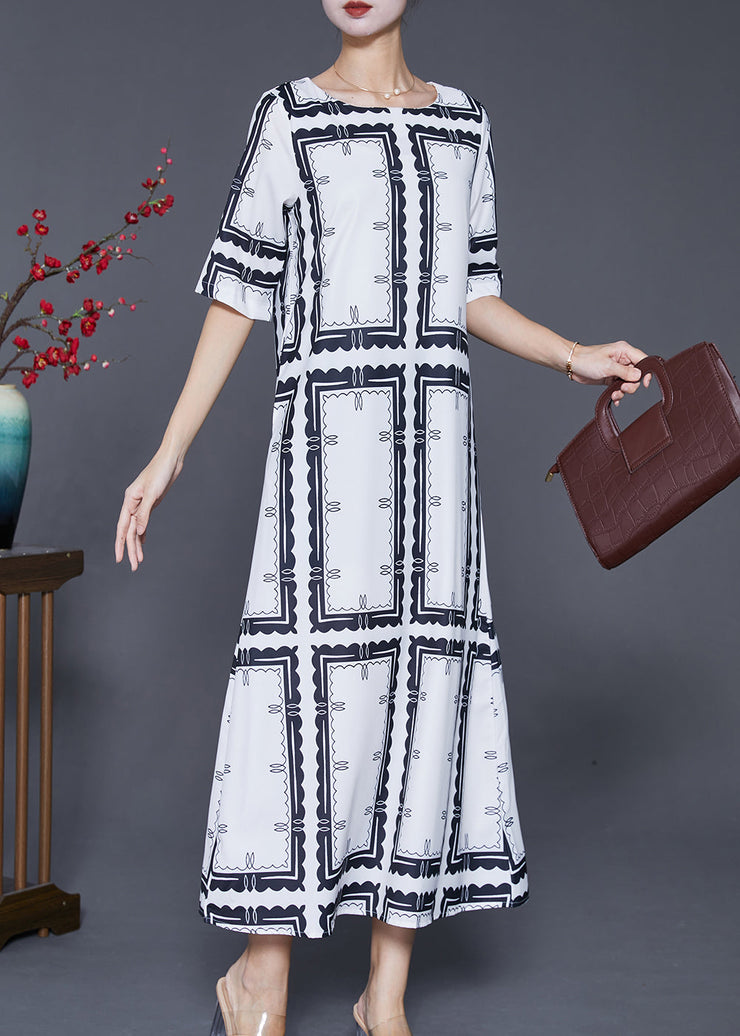 Natural White Square Collar Print Silk Maxi Dress Summer