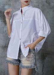 Natural White Stand Collar Puff Sleeve Cotton Shirt Top Summer