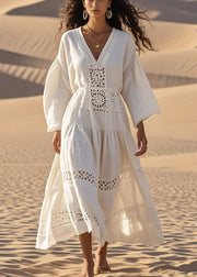 Natural White V Neck Hollow Out Cotton Maxi Dresses Fall