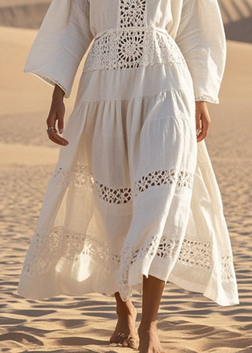 Natural White V Neck Hollow Out Cotton Maxi Dresses Fall