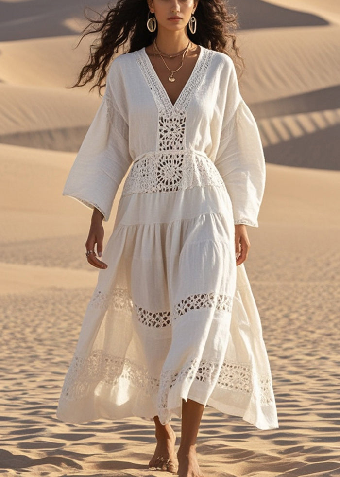 Natural White V Neck Hollow Out Cotton Maxi Dresses Fall