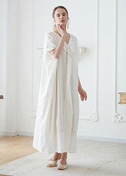 Natural White V Neck Jacquard Patchwork Cotton Robe Dresses Summer