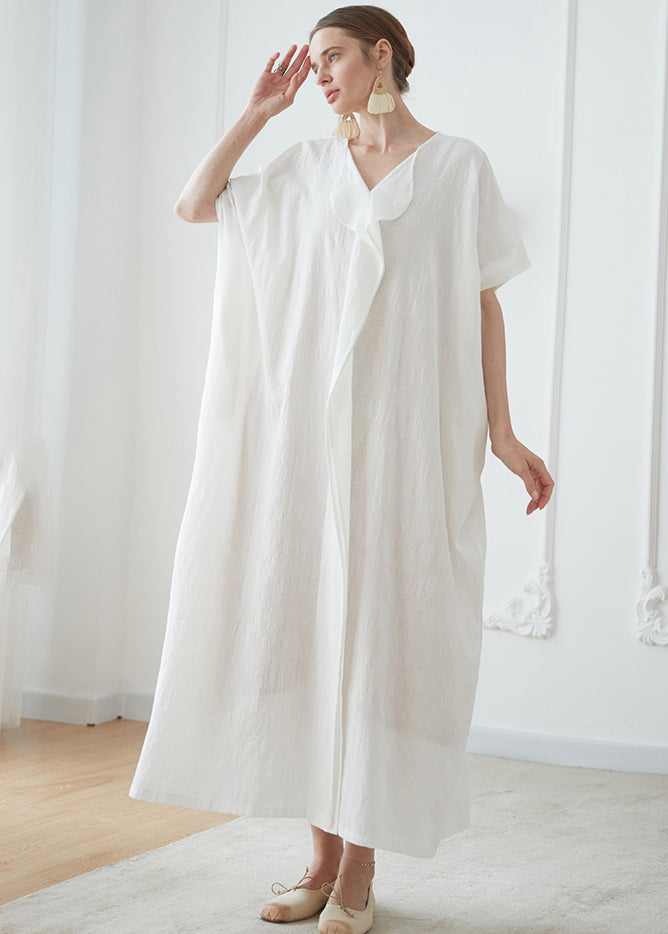 Natural White V Neck Jacquard Patchwork Cotton Robe Dresses Summer