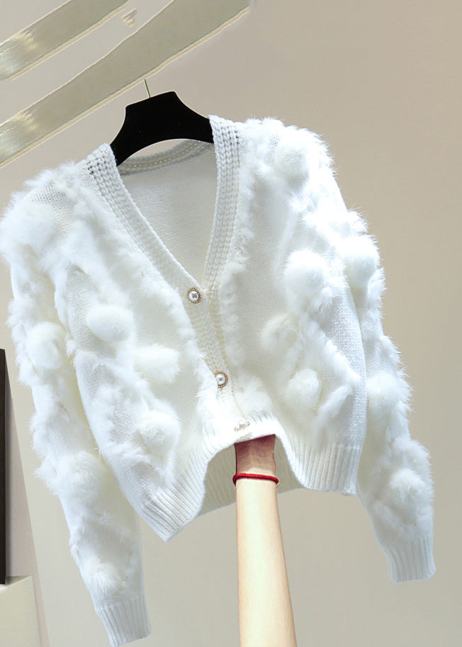 Natural White V Neck Thick Cotton Knit Sweater Winter