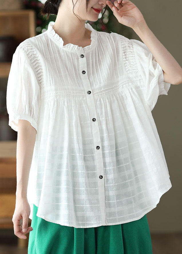 Natural White Wrinkled Button Patchwork Cotton Blouses Summer