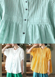 Natural White Wrinkled Button Patchwork Cotton Blouses Summer