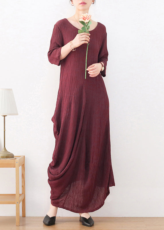 Natural Wine Red O-Neck Wrinkled Linen Long Dress Long Sleeve