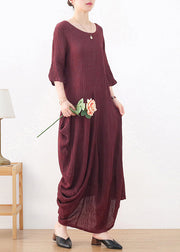 Natural Wine Red O-Neck Wrinkled Linen Long Dress Long Sleeve