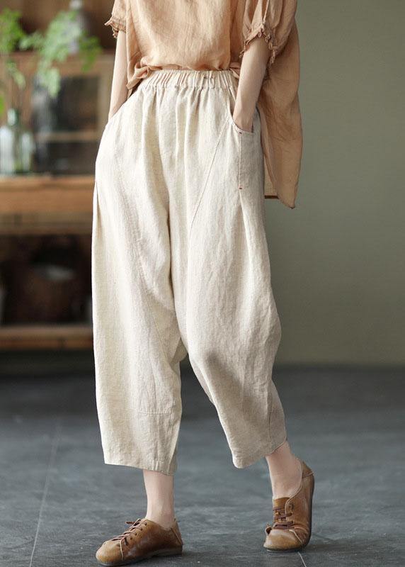 Natural Yellow Elastic Waist Summer Linen Harem Pants - SooLinen