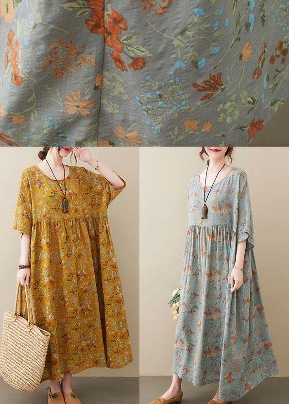 Natural Yellow O-Neck Pockets Print Summer Sundress - SooLinen