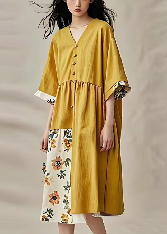 Natural Yellow Oversized Patchwork Cotton Dresses Summer