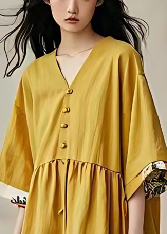 Natural Yellow Oversized Patchwork Cotton Dresses Summer
