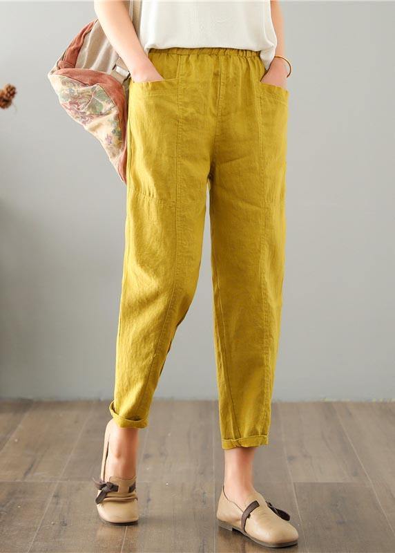 Natural Yellow Pockets Cotton Linen  Pants Summer - SooLinen